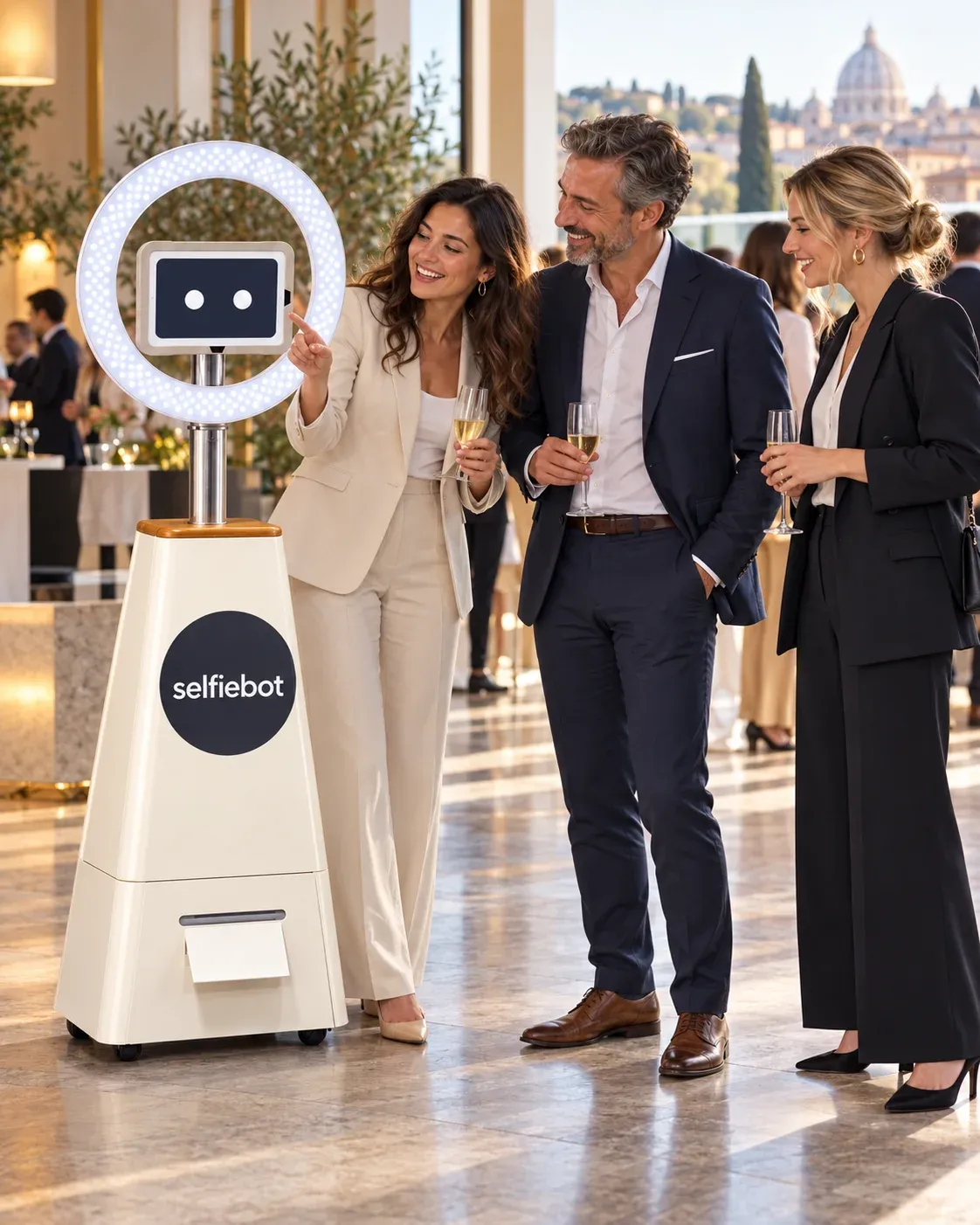 Visual illustrativo di Selfiebot con ospiti a un evento aziendale