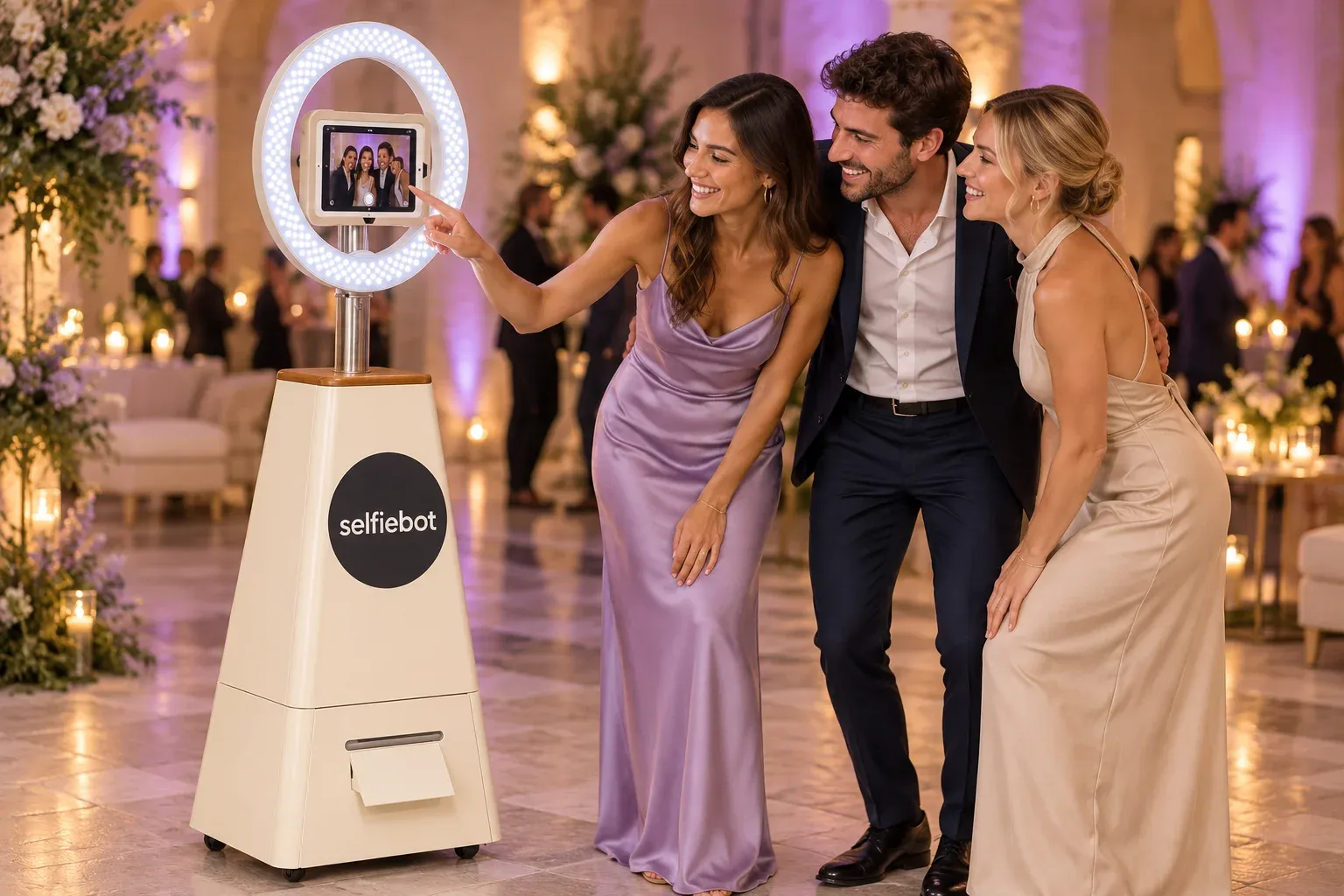 Visual illustrativo: ospiti interagiscono con l’iPad di Selfiebot durante una festa