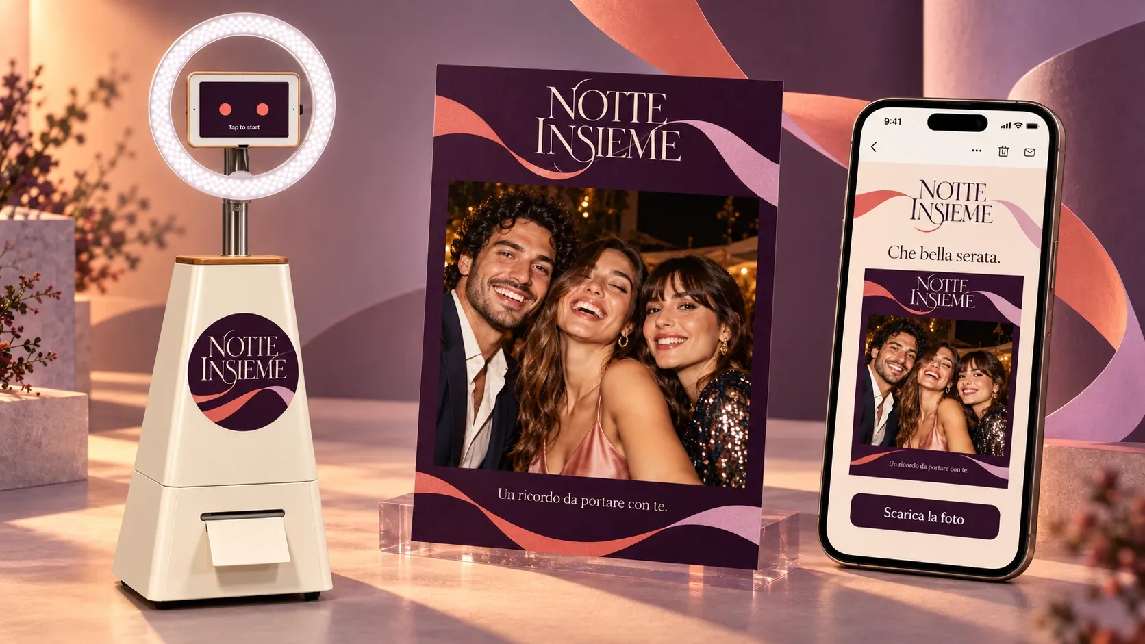 Concept Notte Insieme: Selfiebot personalizzato, stampa verticale con foto quadrata e la stessa fotografia nell’email